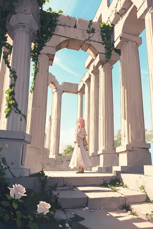 1girl, wide shot, alone, outdoors, greek clothes, greek architecture, ruins, white pillars, pink roses, vines, daytime