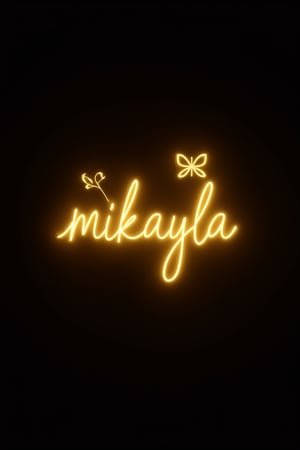 A minimalist, modern logo design featuring MIKAYLA in a yellow, golden cursive, glowing vibrant neon creative font. A butterfly and an abstract symbol are subtly integrated. The logo is set against a dark background, enhancing the glowing effect. The vibrant neon script and delicate floral elements evoke warmth and emotional connection.