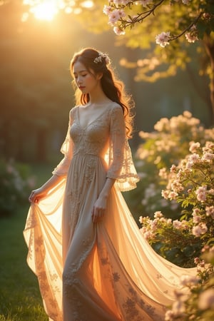 A beautiful Asian girl standing in a serene garden, wearing a long, flowy dress that gently sways in the breeze. The dress has intricate floral patterns, and the fabric drapes elegantly around her. The scene is softly lit by the golden hour sunlight, casting a warm glow on her face and the surroundings. She stands with one hand holding the dress, looking serene and graceful, framed by blooming flowers and lush greenery.