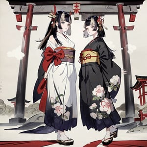 masterpiece,best quality,full body shot,from front view,POV shot,standing pose,JuufuuteiRaden,RadenBase,RadenRegloss, wearing a red furisode kimono, floral pattern, obi, hair ornament, white crop top,Shrine,torii,A Traditional Japanese Art,