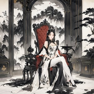 masterpiece,best quality,full body shot,from front view,(POV shot:1.5),look at viewer,1girl,queen,black hair,long hair,20 years old,sitting throne,in royal castle,chinese ink drawing,painting