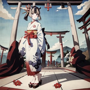 masterpiece,best quality,full body shot,from front view,POV shot,standing pose,JuufuuteiRaden,RadenBase,RadenRegloss, wearing a red furisode kimono, floral pattern, obi, hair ornament, white crop top,Shrine,torii,A Traditional Japanese Art,