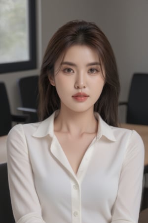 portrait woman with shoulder-length brown hair. She is wearing a white blouse with a collar and long sleeves. Her hair is styled in loose waves and falls over her shoulders. She has a serious expression on her face and is looking directly at the camera. The background is blurred, but it appears to be a room with a window and some chairs. The overall mood of the image is calm and contemplative.