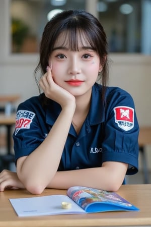 Let's study
A 18-year-old woman thai with short black hair, bangs, a blue bow, and a high school uniform, sits at a desk. She smiles gently and rests her hand on her chin as she looks directly at the camera. The soft and warm lighting creates a relaxed and inviting atmosphere. The background is a desk, adding a casual elegance to the classroom atmosphere.