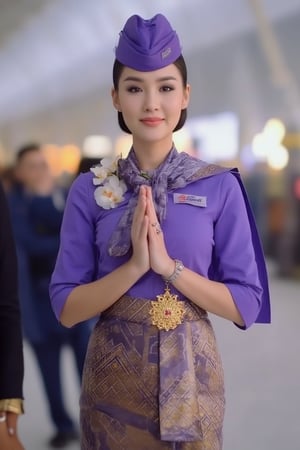 "Thai Airways" Portrait  Beautiful flight attendant in Thai silk dress, purple blouse and skirt decorated with gold, standing with hands together in a Thai wai gesture, smiling brightly, hair tied neatly, wearing an orchid accessory on the shoulder, a tie around the neck, wearing a purple hat. The atmosphere in the airport passenger terminal emphasizes Thai dress and elegant gestures, conveyed realistically with detailed fabric and bright shades to emphasize the elegance of Thai culture. "Air Hostess"
