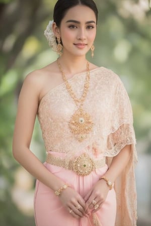 Portrait of a beautiful Thai woman Wearing a light pink Thai silk dress, embroidered and decorated with exquisite jewelry. and flower-patterned hair clips Her hair was neatly styled. And she smiled softly Eyes looking at the camera In a bright and elegant atmosphere Suitable for formal occasions or ceremonies.