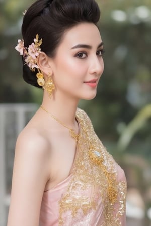 Portrait of a beautiful Thai woman Wearing a light pink Thai silk dress, embroidered and decorated with exquisite jewelry. and flower-patterned hair clips Her hair was neatly styled. And she smiled softly Eyes looking at the camera In a bright and elegant atmosphere Suitable for formal occasions or ceremonies.