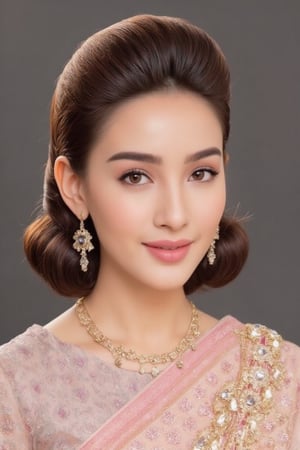 Portrait of a beautiful Thai woman Wearing a light pink Thai silk dress, embroidered and decorated with exquisite jewelry. and flower-patterned hair clips Her hair was neatly styled. And she smiled softly Eyes looking at the camera In a bright and elegant atmosphere Suitable for formal occasions or ceremonies.