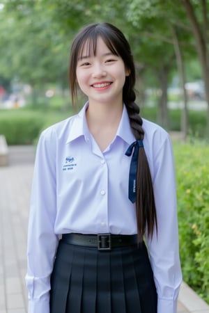 A high school girl with long hair braided in a ponytail tied with a blue ribbon, wearing a white  long-sleeved shirt white shirt with a short black tie and a long black skirt, stands by the water. She was smiling, sweet, charming and seemed to be enjoying the moment. The background has trees and flowers, suggesting that this may be a park or recreational area near the river.