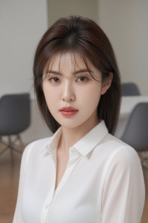 portrait woman with shoulder-length brown hair. She is wearing a white blouse with a collar and long sleeves. Her hair is styled in loose waves and falls over her shoulders. She has a serious expression on her face and is looking directly at the camera. The background is blurred, but it appears to be a room with a window and some chairs. The overall mood of the image is calm and contemplative.