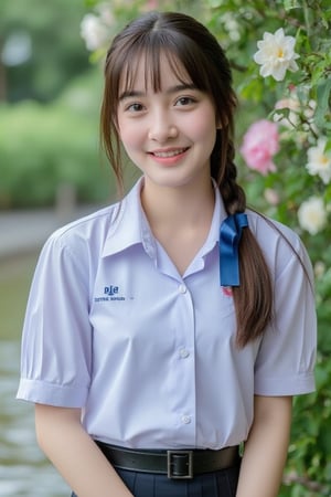 Portrait of a high school girl with shoulder-length hair, braided bangs tied with a blue bow, wearing a traditional Thai school uniform, a white short-sleeved shirt and a black skirt, standing by the water. She looks at the camera, has a charming, captivating smile, her arms are crossed and she seems to be enjoying the moment. The background is covered in flowers, suggesting that it may be a park or recreational area near the river.
