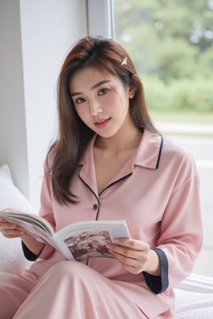 "A beautiful young woman sitting on a bed near a large window with a scenic view of trees and a road outside. She is wearing a silky pink pajama set with black trims, smiling warmly while holding a magazine. Her hair is styled with soft curls, and she has a decorative star-shaped hair clip. The setting is cozy and natural, with soft lighting coming from the window."