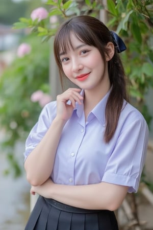 Portrait of a high school girl with shoulder-length hair, braided bangs tied with a blue bow, wearing a traditional Thai school uniform, a white short-sleeved shirt and a black skirt, standing by the water. She looks at the camera, has a charming, captivating smile, her arms are crossed and she seems to be enjoying the moment. The background is covered in flowers, suggesting that it may be a park or recreational area near the river.
