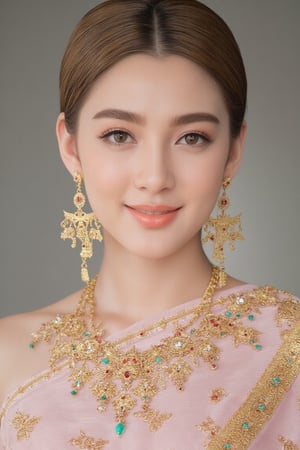 Portrait of a beautiful Thai woman Wearing a light pink Thai silk dress, embroidered and decorated with exquisite jewelry. and flower-patterned hair clips Her hair was neatly styled. And she smiled softly Eyes looking at the camera In a bright and elegant atmosphere Suitable for formal occasions or ceremonies.