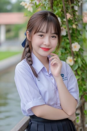 Portrait of a high school girl with shoulder-length hair, braided bangs tied with a blue bow, wearing a traditional Thai school uniform, a white short-sleeved shirt and a black skirt, standing by the water. She looks at the camera, has a charming, captivating smile, her arms are crossed and she seems to be enjoying the moment. The background is covered in flowers, suggesting that it may be a park or recreational area near the river.
