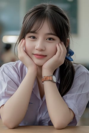 Let's study
A 18-year-old woman with short black hair, bangs, a blue bow, and a high school uniform, sits at a desk. She smiles gently and rests her hand on her chin as she looks directly at the camera. The soft and warm lighting creates a relaxed and inviting atmosphere. The background is a desk, adding a casual elegance to the classroom atmosphere.