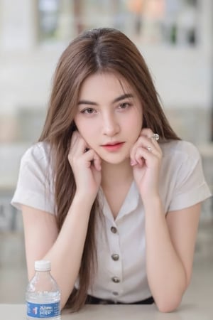 A beautiful  realistic scene of a beautiful young woman sitting in a classroom. She is dressed in a clean and neatly pressed student uniform, wearing a white short-sleeve blouse and a black skirt. Her long, brown hair is styled naturally and flows past her shoulders. She has an attentive expression, with her hands gently resting near her chin, looking directly at the camera. A plastic water bottle is placed on the table beside her, adding a casual touch to the scene. The lighting is soft and natural, highlighting her features and the calm atmosphere of the classroom setting.