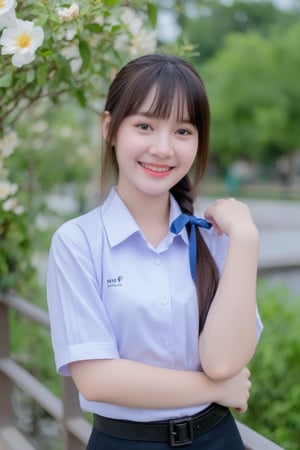 Portrait of a high school girl with shoulder-length hair, braided bangs tied with a blue bow, wearing a traditional Thai school uniform, a white short-sleeved shirt and a black skirt, standing by the water. She looks at the camera, has a charming, captivating smile, her arms are crossed and she seems to be enjoying the moment. The background is covered in flowers, suggesting that it may be a park or recreational area near the river.
