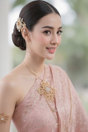 Portrait of a beautiful Thai woman Wearing a light pink Thai silk dress, embroidered and decorated with exquisite jewelry. and flower-patterned hair clips Her hair was neatly styled. And she smiled softly Eyes looking at the camera In a bright and elegant atmosphere Suitable for formal occasions or ceremonies.