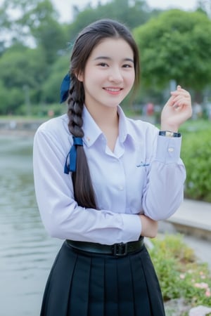 A high school girl with long hair braided in a ponytail tied with a blue ribbon, wearing a white  long-sleeved shirt white shirt with a short black tie and a long black skirt, stands by the water. She was smiling, sweet, charming and seemed to be enjoying the moment. The background has trees and flowers, suggesting that this may be a park or recreational area near the river.