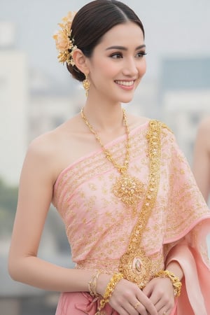 Portrait of A woman wearing a traditional Thai silk dress in soft pink and gold embroidery, accessorized with gold jewelry and a floral hairpiece. Her hair is neatly styled, and she is smiling gently in a bright and elegant setting, perfect for a formal occasion or ceremony.