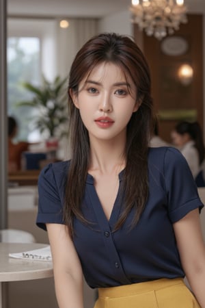 The image is a woman sitting at a table in a cafe or restaurant. She is smiling and looking directly at the camera. She has long dark hair that is styled in loose waves and is wearing a navy blue blouse with a yellow skirt. The background is blurred, but it appears to be an indoor setting with a chandelier hanging from the ceiling. The overall mood of the image is happy and relaxed.