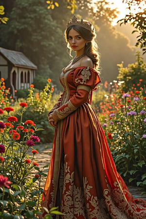 A medieval beauty princess, standing gracefully in a lush garden, surrounded by blooming flowers and verdant greenery. The princess wears a flowing gown of rich silk, adorned with delicate lace and embroidery. The garden is bathed in the soft, golden light of the setting sun, casting a warm glow on the scene. Sunny day. The princess expression's are serene and contemplative. The composition is centered on the princess, with the garden's vibrant colors and intricate details enhancing the tranquil atmosphere.