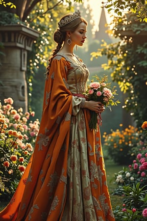 A medieval beauty princess, standing gracefully in a lush garden, surrounded by blooming flowers and verdant greenery. The princess wears a flowing gown of rich silk, adorned with delicate lace and embroidery. The garden is bathed in the soft, golden light of the setting sun, casting a warm glow on the scene. The princess holds a posy of flowers, her expression serene and contemplative. The composition is centered on the princess, with the garden's vibrant colors and intricate details enhancing the tranquil atmosphere.