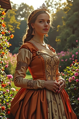 A medieval beauty princess, standing gracefully in a lush garden, surrounded by blooming flowers and verdant greenery. The princess wears a flowing gown of rich silk, adorned with delicate lace and embroidery. The garden is bathed in the soft, golden light of the setting sun, casting a warm glow on the scene. Sunny day. The princess expression's are serene and contemplative. The composition is centered on the princess, with the garden's vibrant colors and intricate details enhancing the tranquil atmosphere.