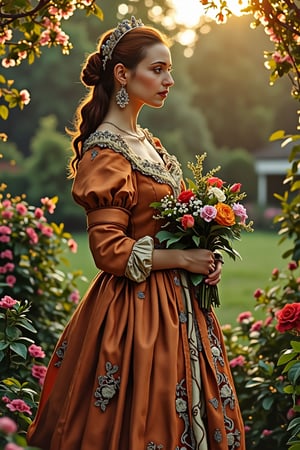 A medieval beauty princess, standing gracefully in a lush garden, surrounded by blooming flowers and verdant greenery. The princess wears a flowing gown of rich silk, adorned with delicate lace and embroidery. The garden is bathed in the soft, golden light of the setting sun, casting a warm glow on the scene. The princess holds a posy of flowers, her expression serene and contemplative. The composition is centered on the princess, with the garden's vibrant colors and intricate details enhancing the tranquil atmosphere.