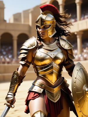 criar uma imagem de uma mulher gladiadora, armadura dourada, arena,