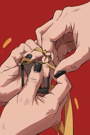 An anime-style close-up of two hands, one with slim long fingers and black nails, trying to pull away, while the other hand grips it forcefully, attempting to hold it in place. The scene is tense, with contrasting expressions of resistance and force, rendered in vibrant, dynamic anime style.