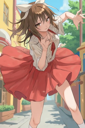 An anime girl with a cute, tall stature, standing confidently with a slight smile. She has large, expressive eyes, long flowing hair, and a youthful, vibrant appearance. The scene captures her in a dynamic pose, possibly mid-stride or with a playful gesture, set against a colorful, lively background.