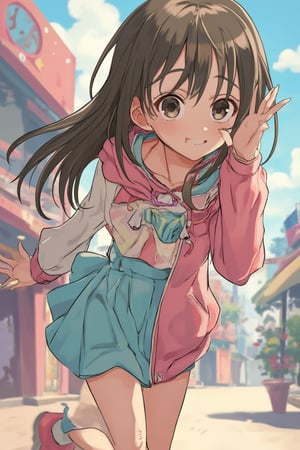 An anime girl with a cute, tall stature, standing confidently with a slight smile. She has large, expressive eyes, long flowing hair, and a youthful, vibrant appearance. The scene captures her in a dynamic pose, possibly mid-stride or with a playful gesture, set against a colorful, lively background.