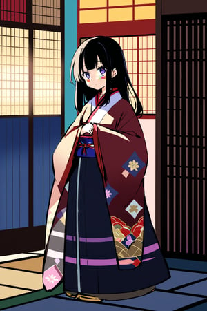  Main Female Character Appearance:

Age: 25
Height: 5'6
Hair: Long, straight black hair tied in a traditional Japanese style
Eyes: Big, dark, and expressive eyes
Kimono: A flowing traditional kimono with intricate patterns and colorful accents

Scared holding marriage papers, the young woman stands in a traditional Japanese room, her long, straight black hair tied in a traditional style. Her big, dark, and expressive eyes reflect her fear. She wears a flowing kimono adorned with intricate patterns and colorful accents, clutching marriage papers tightly in her hands. The room is softly lit, with shoji screens and tatami mats adding to the serene yet tense atmosphere.

