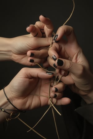 A close-up of two hands, one with slim long fingers and black nails, trying to pull away, while the other hand grips it forcefully, attempting to hold it in place. The scene is tense, with contrasting expressions of resistance and force.