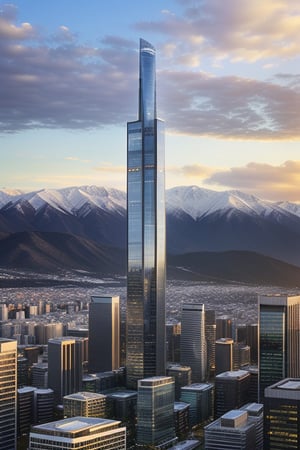 A towering ultra-modern skyscraper with sleek glass facades, surrounded by other contemporary buildings, set against a backdrop of snow-capped mountains. The cityscape is bathed in the golden light of sunset, with long shadows casting dramatic lines across the urban landscape. The composition is framed to emphasize the contrast between the sharp, geometric architecture and the natural, rugged mountains.