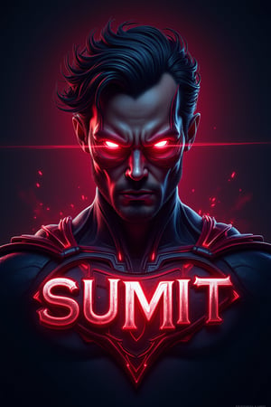 "Sumit" angry red laser eyes Super man with chest logo concept:

create a text logo write in grafitti  text "Sumit ".