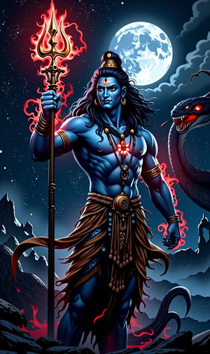 Blue skin lord shiva grabbed a long glowing Red & Golden trident,  milky way galaxy, perfect fingers, background is a Red glowing eyes Giant Black snake & White Big Moon,