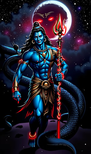 Blue skin lord shiva grabbed a long glowing Red & Golden trident,  milky way galaxy, perfect fingers, background is a Red glowing eyes Giant Black snake & White Big Moon,