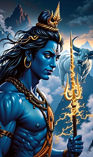 Close up face Blue skin lord shiva, falling long hair in the air,grabbed a long glowing thunder Golden trident,white mountains , perfect fingers, background is a white giant bull with golden horns