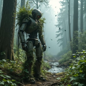 "A stranded robot, covered in vines and rust, standing alone in a wild, untouched forest. The robot’s mechanical body shows signs of wear, with nature reclaiming its surface, grass and flowers sprouting from its frame. The environment around is lush, green, and teeming with life: towering trees, a river winding through the background, and birds flying overhead. The scene conveys a sense of isolation and adaptation, with the robot blending into the natural world. Bright, soft lighting with the sun filtering through tree branches, in a hyper-realistic style."