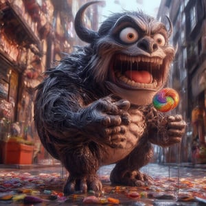 "A cute and chubby boy, dressed in a black creature costume with large white eyes and sharp teeth, sitting in a squat position outside a candy shop. His costume has a wide, exaggerated mouth, showing a playful yet creepy look. He is holding a rainbow-colored lollipop with drool dripping down onto the candy, adding a messy, humorous touch. Background includes colorful candy displays, and the sidewalk is lit with warm, soft lighting to enhance the fun and mysterious mood. Photorealistic, highly detailed, vibrant colors, cinematic composition."