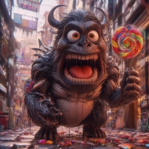 "A cute and chubby boy, dressed in a black creature costume with large white eyes and sharp teeth, sitting in a squat position outside a candy shop. His costume has a wide, exaggerated mouth, showing a playful yet creepy look. He is holding a rainbow-colored lollipop with drool dripping down onto the candy, adding a messy, humorous touch. Background includes colorful candy displays, and the sidewalk is lit with warm, soft lighting to enhance the fun and mysterious mood. Photorealistic, highly detailed, vibrant colors, cinematic composition."