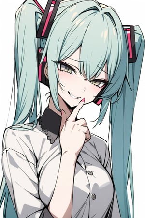 masterpiece,best_quality, 1girl, twintails, long hair,solo, Hatsune Miku, finger near face, naughty smile, shirt, upper body, perfect anatomy, correct hands