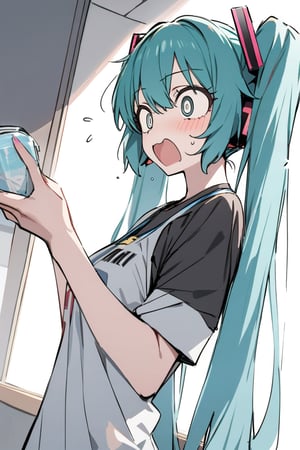 masterpiece,best_quality, 1girl, twintails, long hair,solo, Hatsune Miku, surprised face, shirt, upper body, perfect anatomy, correct hands