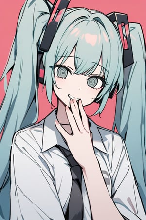 masterpiece,best_quality, 1girl, twintails, long hair,solo, Hatsune Miku, happy expression, looking at the viewer, hand over mouth, shirt, upper body, perfect anatomy, correct hands