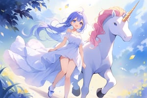 score_9,score_8_up,score_7_up,source_anime, masterpiece, best quality, 1girl, ((a witch girl walks beside a unicorn)), Her eyes are looking to the unicorn, friendly smiling, peaceful, perfect anatomy, watercolor, blue eyes, full body:0.5