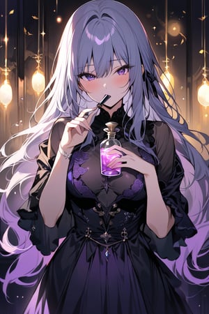 masterpiece,detailed, best quality, 1girl, BREAK, 
a girl holding a glass of magical potion, inviting the viewer to taste it, the glass is over her chest, long hair, atmosphere, BREAK,
focus on the girl, medium shot