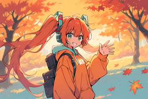 dal-6, masterpiece,best_quality, score_9,score_8_up,score_7_up,source_anime, 1girl, solo, hatsune miku, orange hair, twintails, very long hair, maple head ornament, hoodie, autumn atmosphere, warm smile, waving hand, looking at viewer,  upper body, perfect anatomy, detailed composition